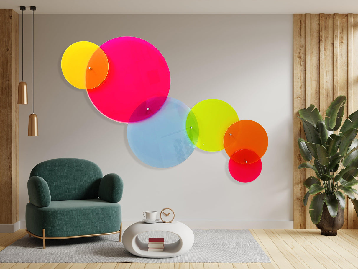 Neon Circles Fluorescent Acrylic Art Transparent Set of Circles - uniqstiq