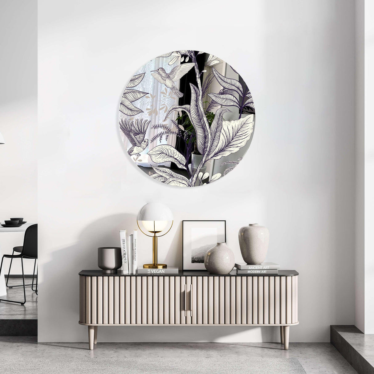 Beige Birds and Leaves Mirrored Acrylic Circles Contemporary Home DǸcor Printed acrylic 