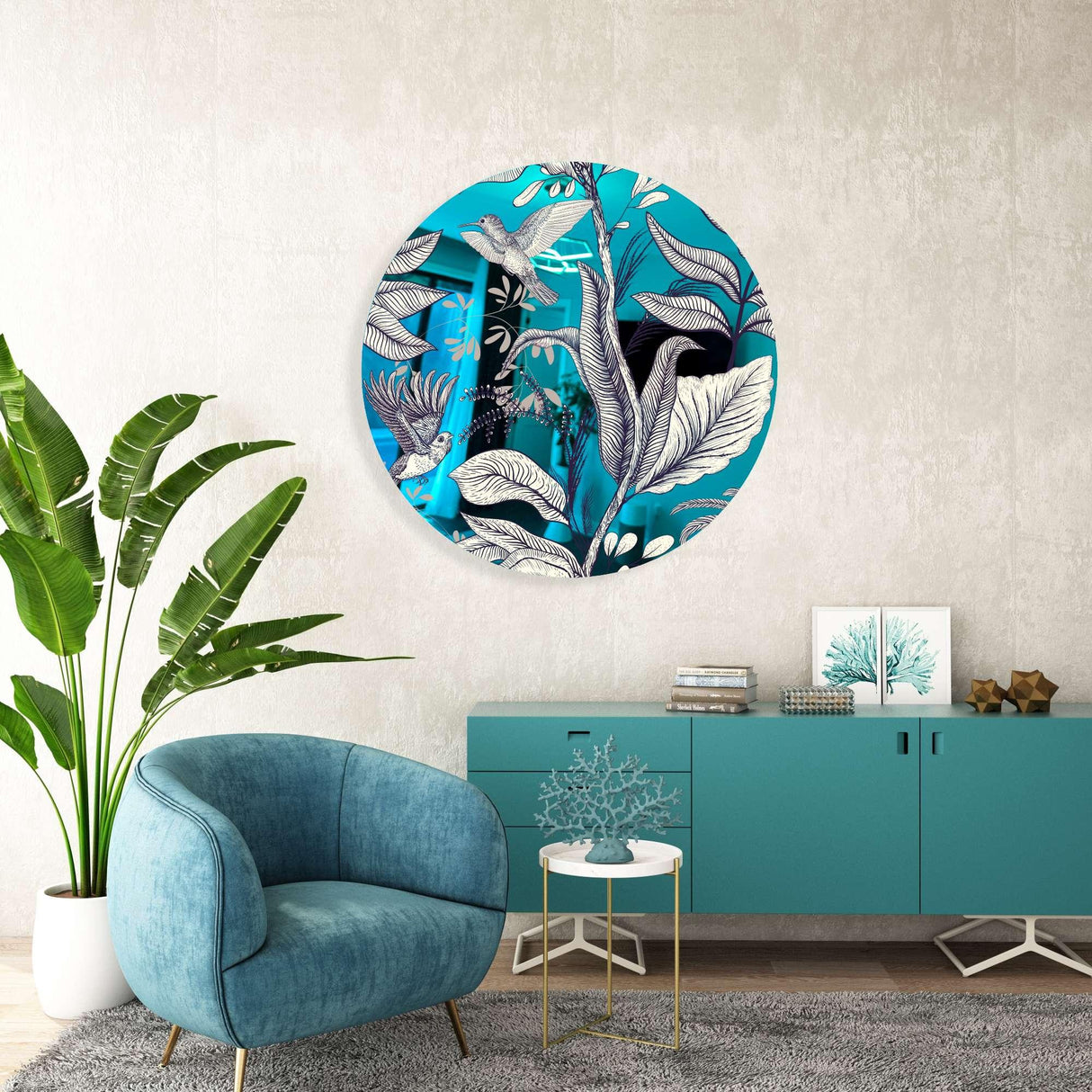 Beige Birds and Leaves Mirrored Acrylic Circles Contemporary Home DǸcor Printed acrylic 