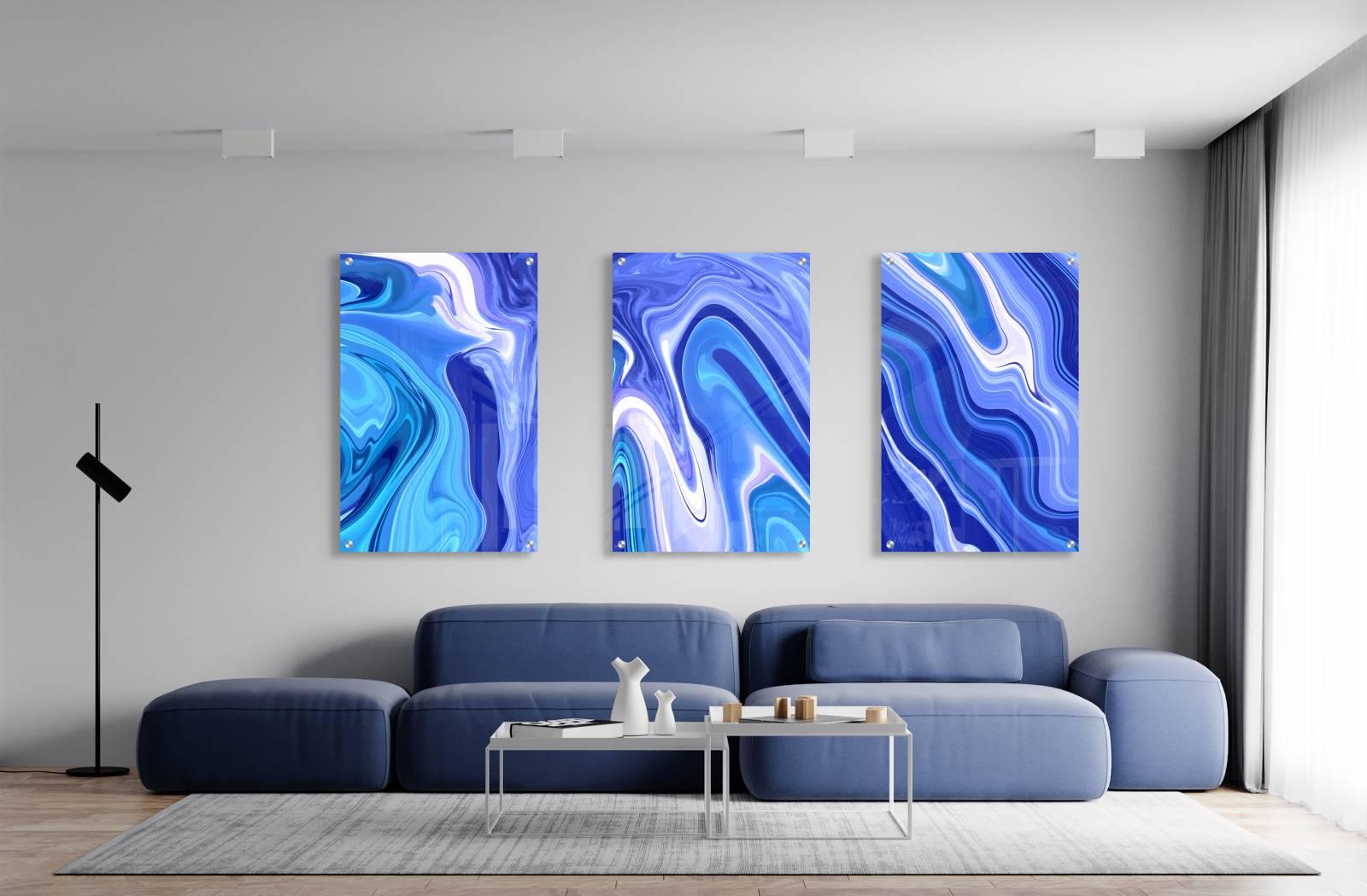 Contemporary Abstract Painting on Canvas Wall Art Print, Framed Set of outlet 3 Print, Blue Abstract Wall Decor, Living Room Design