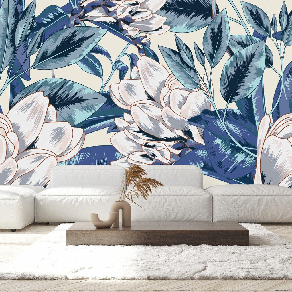 Blue Leaves and Gentle Flowers Wallpaper - uniqstiq