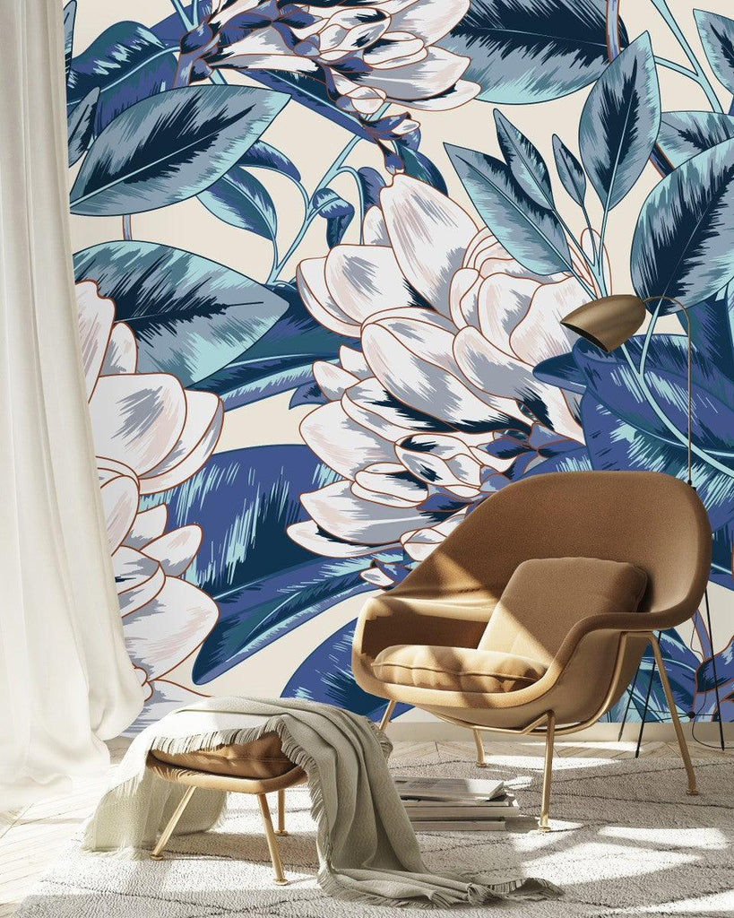 Blue Leaves and Gentle Flowers Wallpaper - uniqstiq