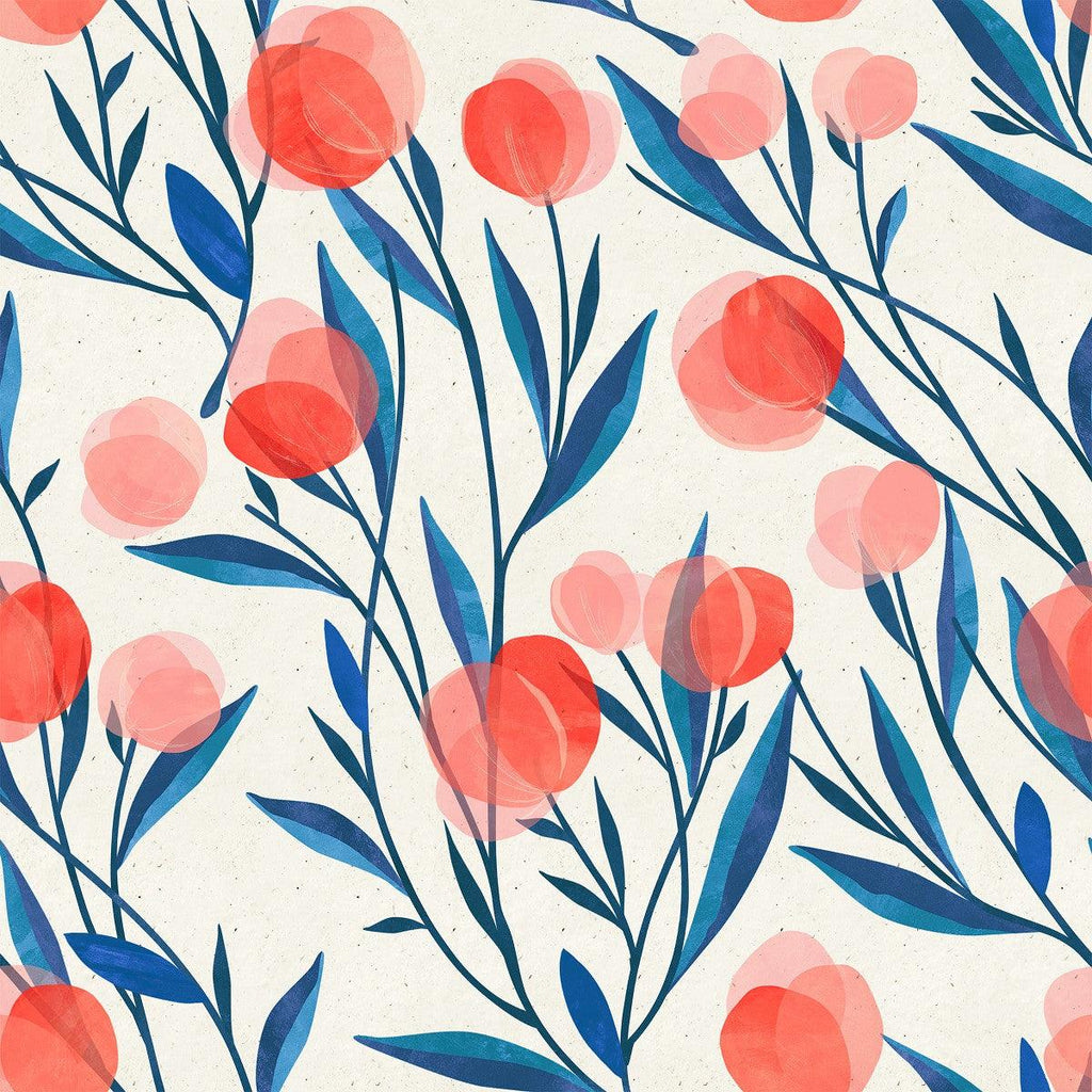 Blue Leaves with Red Flowers Wallpaper - uniqstiq