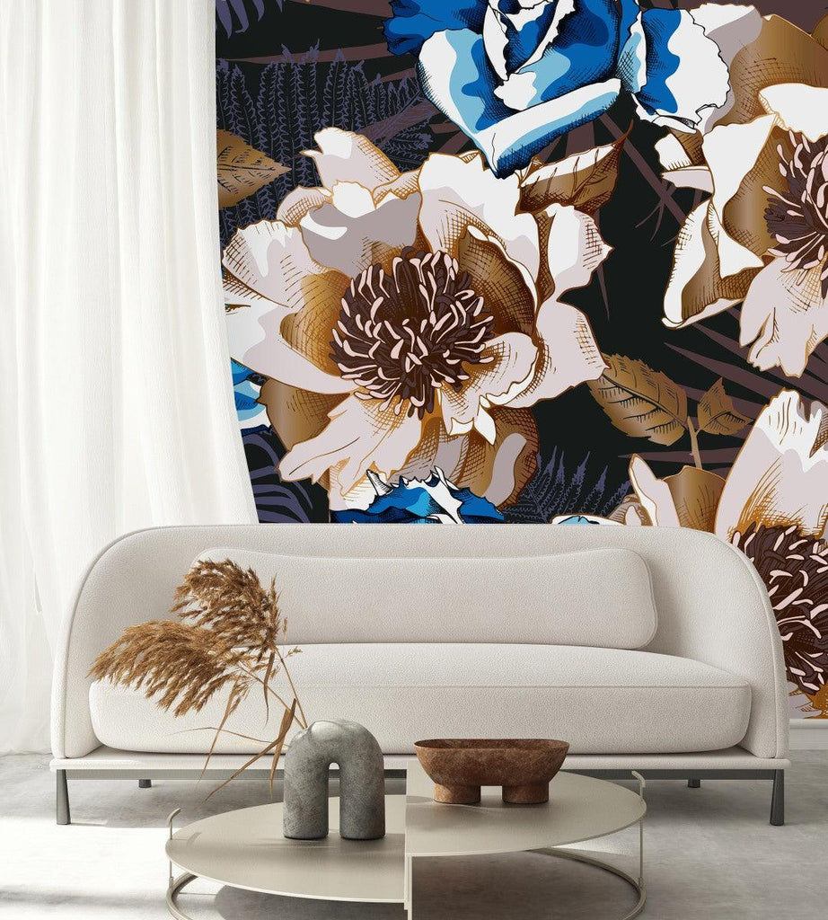 Brown and Blue Flowers Wallpaper - uniqstiq