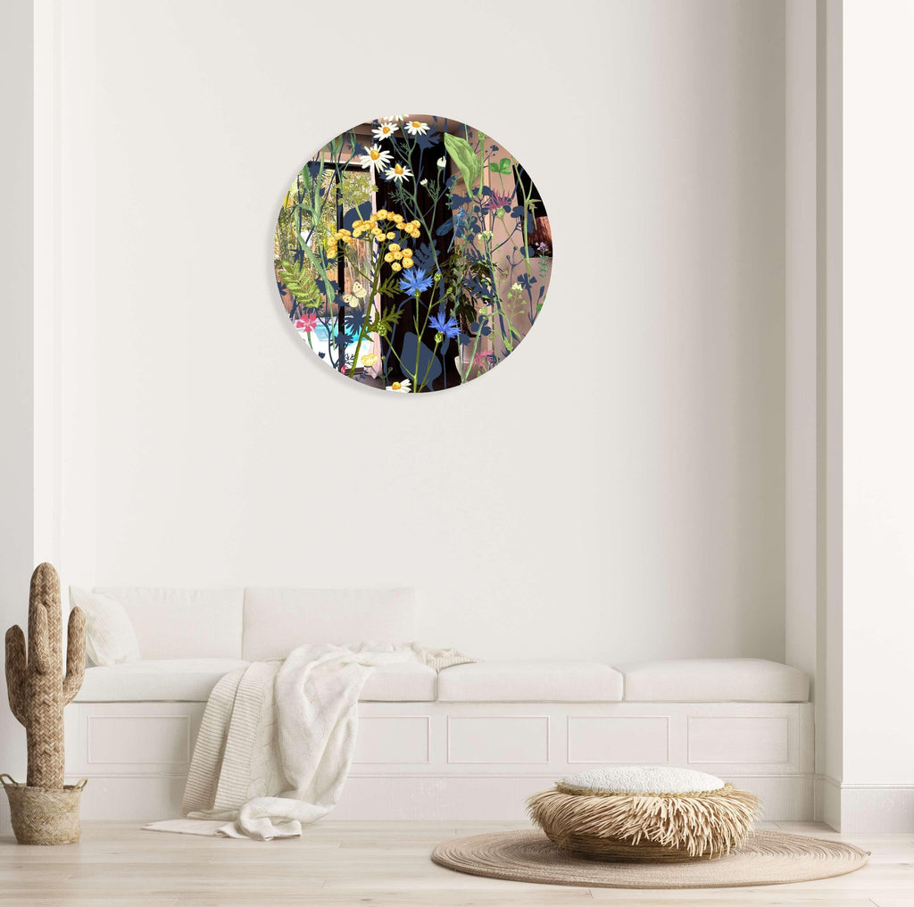 Colorful Herbs and Flowers on Dark Background Mirrored Acrylic Circles Contemporary Home DǸcor Printed acrylic 