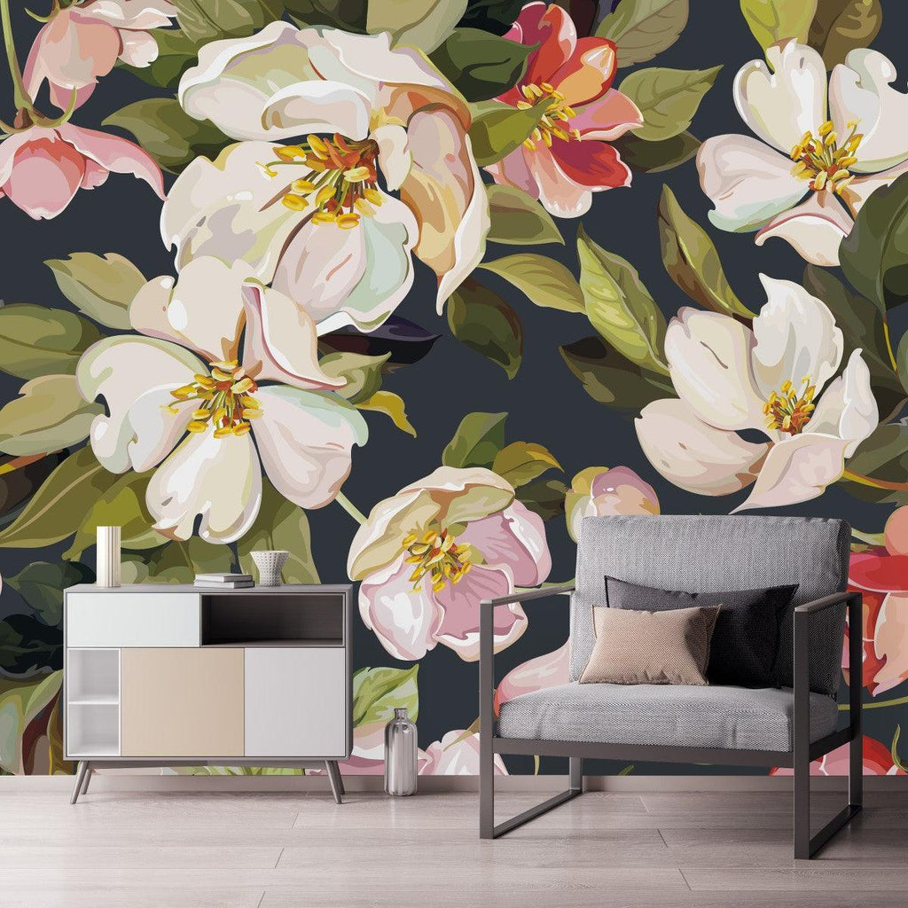 Elegant Dark Wallpaper with Gentle Flowers Tasteful - uniqstiq