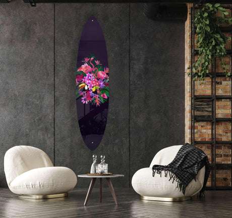 Exotic Flowers and Birds Acrylic Surfboard Wall Art