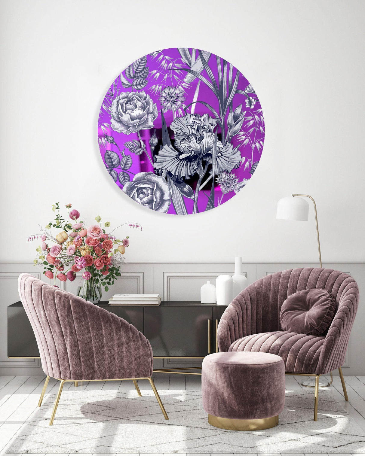 Floral Pattern Flowers Mirrored Acrylic Circles Contemporary Home DǸcor Printed acrylic 