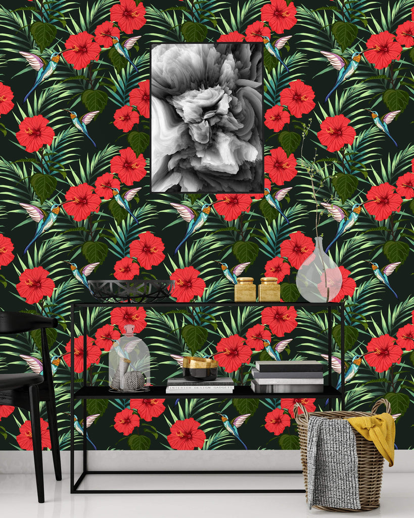 uniQstiQ Tropical Hummingbird and Leaves Wallpaper Wallpaper