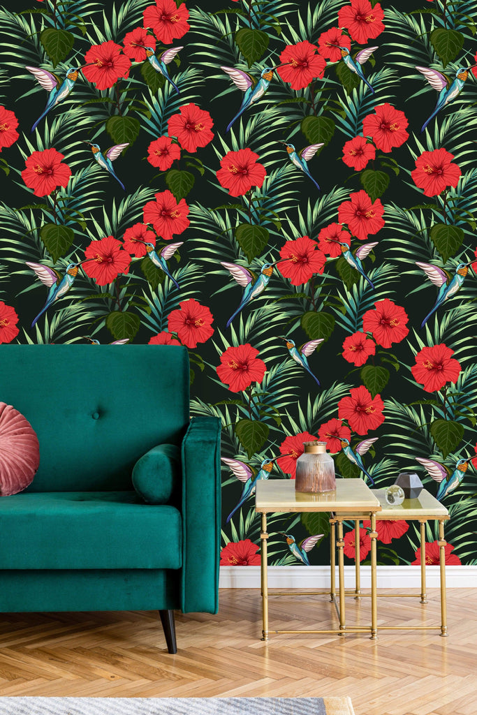 uniQstiQ Tropical Hummingbird and Leaves Wallpaper Wallpaper