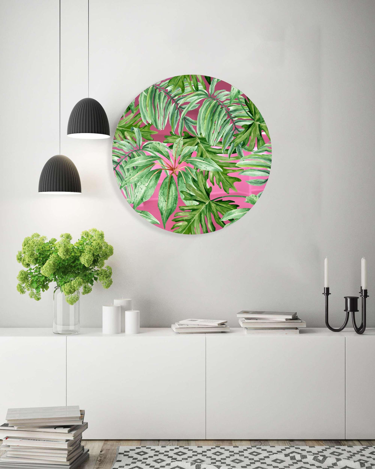 Jungle Green Leaves Mirrored Acrylic Circles Contemporary Home DǸcor Printed acrylic 