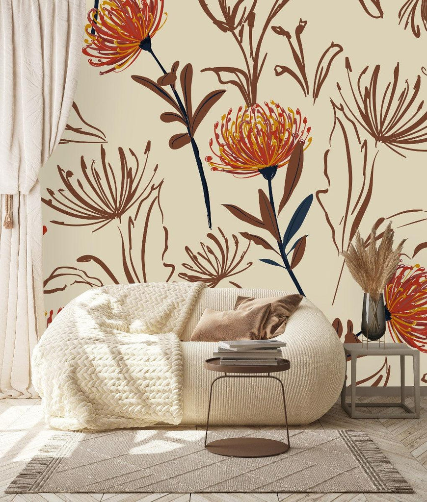 Modish Beige Wallpaper with Flowers Smart - uniqstiq