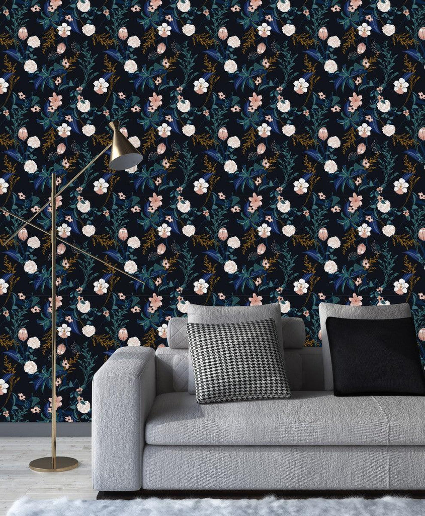 Modish Dark Wallpaper with Gentle Flowers Fashionable - uniqstiq