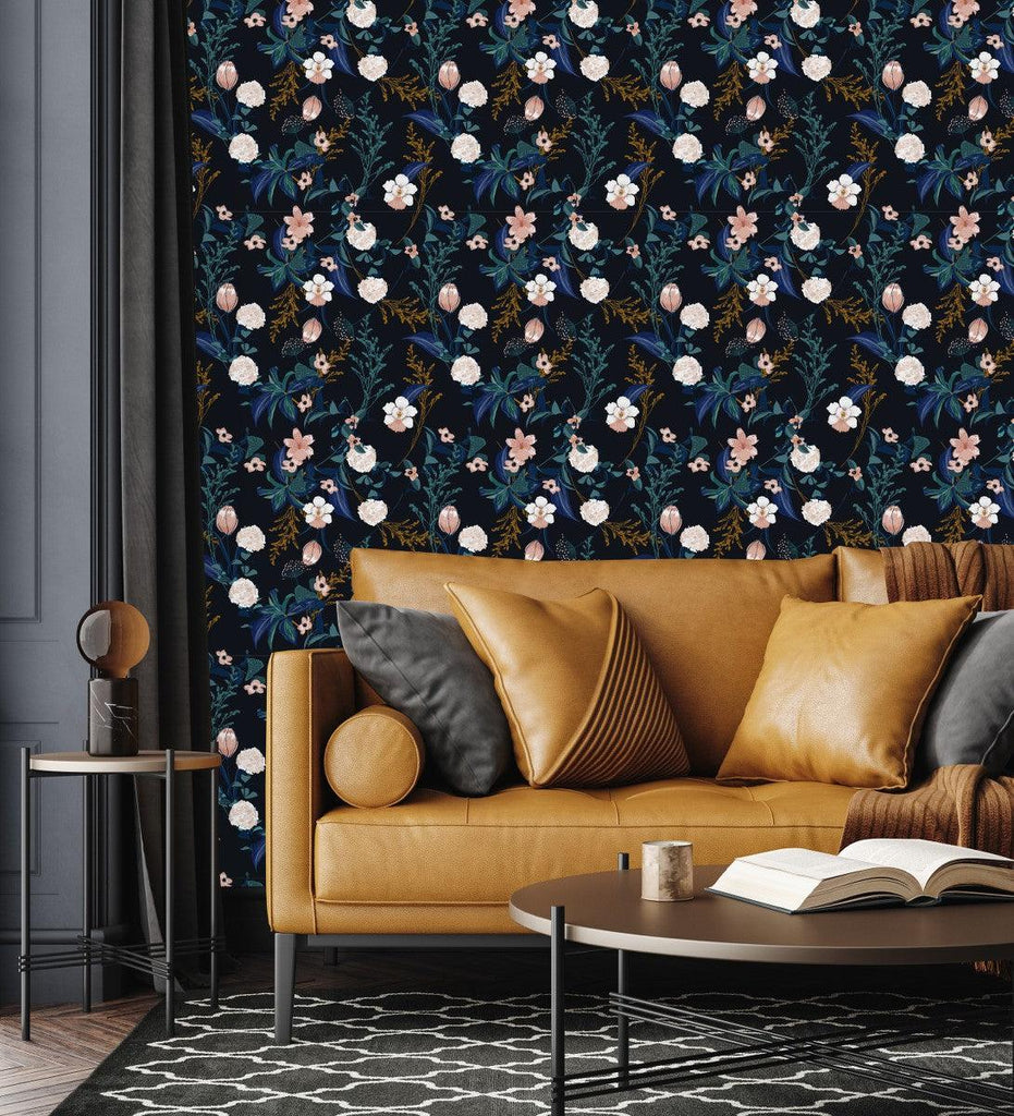 Modish Dark Wallpaper with Gentle Flowers Fashionable - uniqstiq