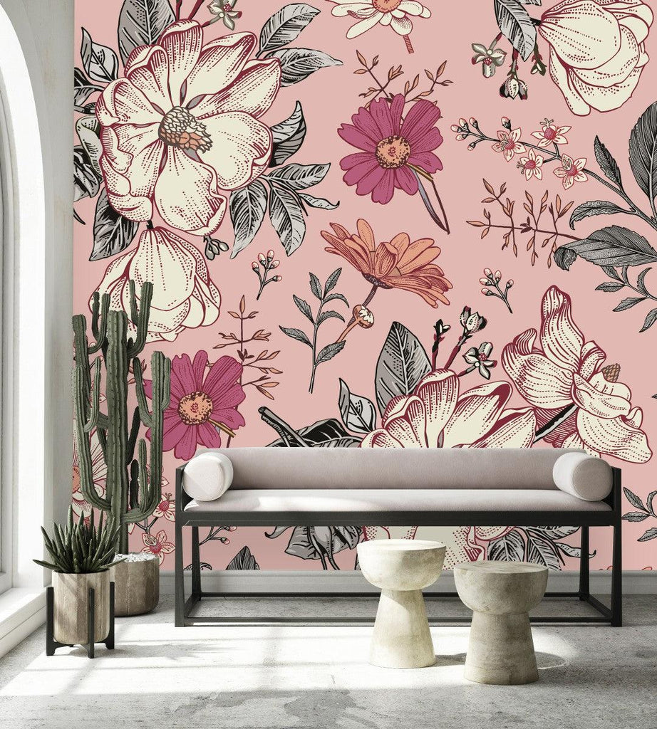 Modish Pink Flowers Wallpaper Chic - uniqstiq