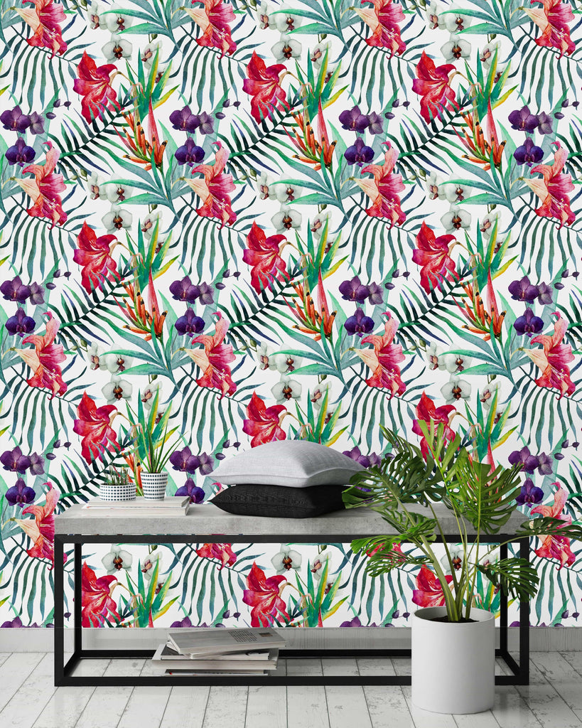 uniQstiQ Tropical Orchid and Palm Leaves Wallpaper Wallpaper
