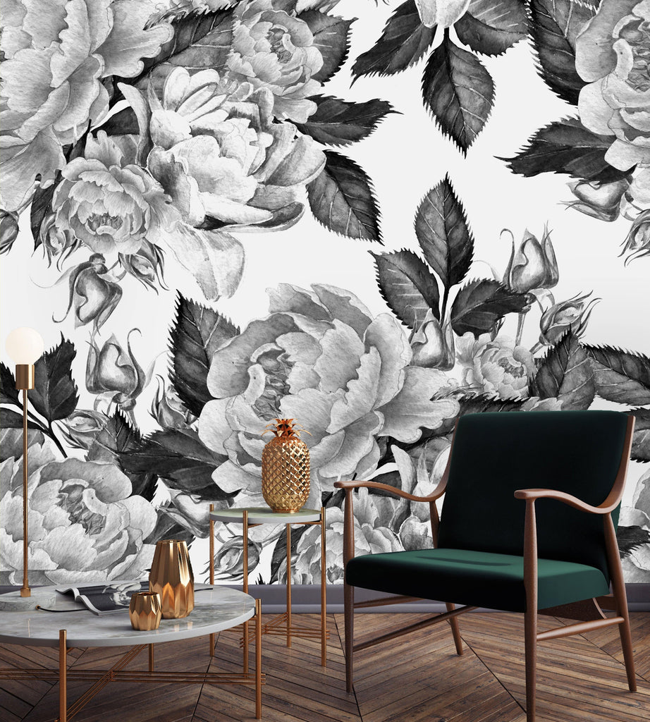 Peonies Flowers Watercolor Black and White Wallpaper Mural buy at the ...