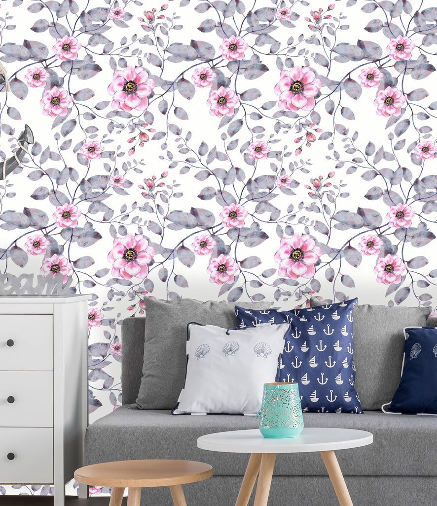 uniQstiQ Floral Pink Flowers with Gray Leaves Wallpaper Wallpaper