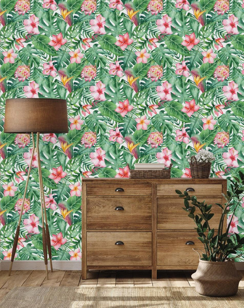 Pink Flowers with Palm Leaves Wallpaper - uniqstiq