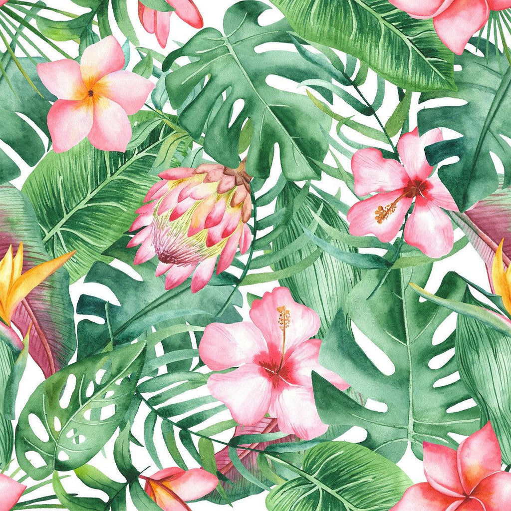 Pink Flowers with Palm Leaves Wallpaper - uniqstiq