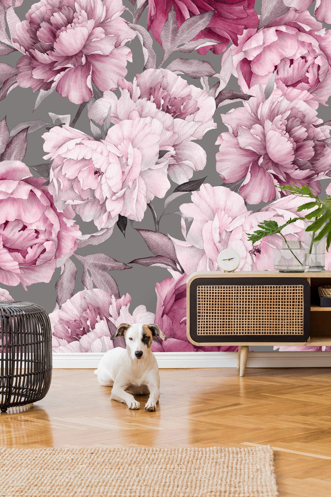 uniQstiQ Murals Pink Peony on Gray Background Wallpaper Mural Wallpaper