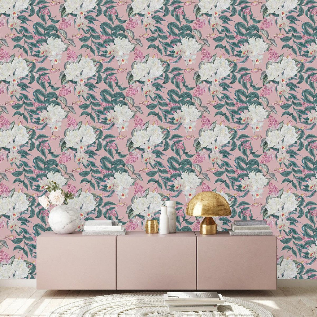 Pink Wallpaper with White Flowers - uniqstiq