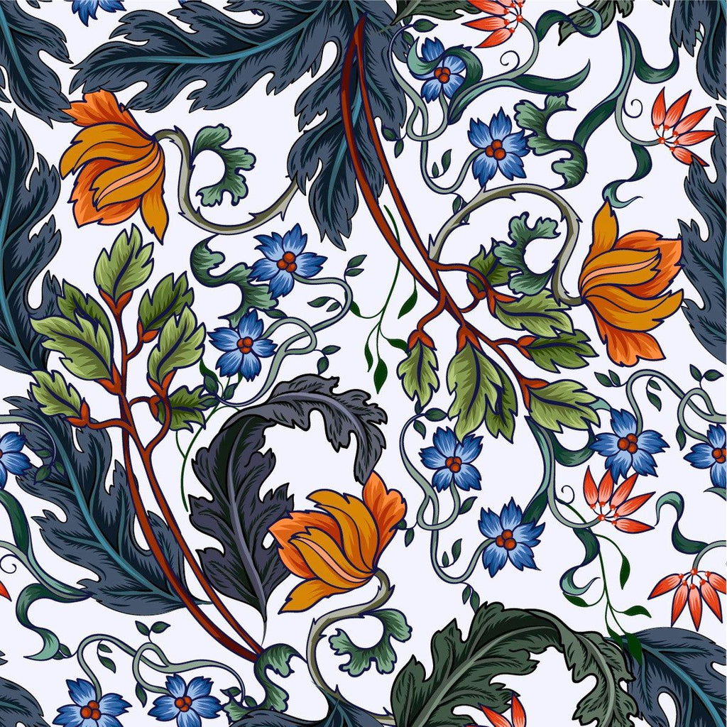 White Wallpaper with Leaves and Flowers - uniqstiq