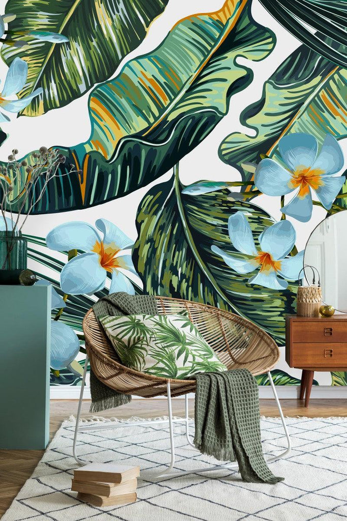 White Wallpaper with Palm Leaves and Flowers - uniqstiq