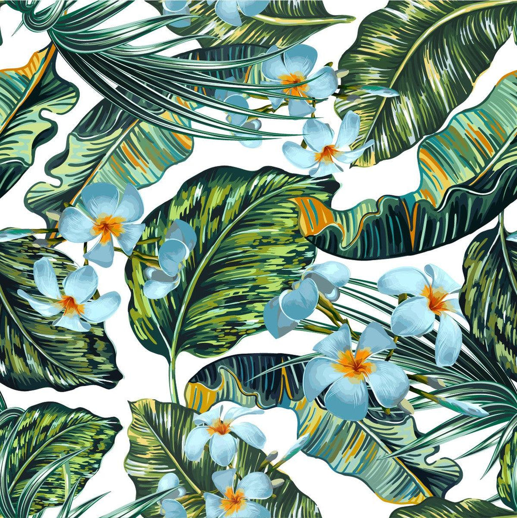 White Wallpaper with Palm Leaves and Flowers - uniqstiq